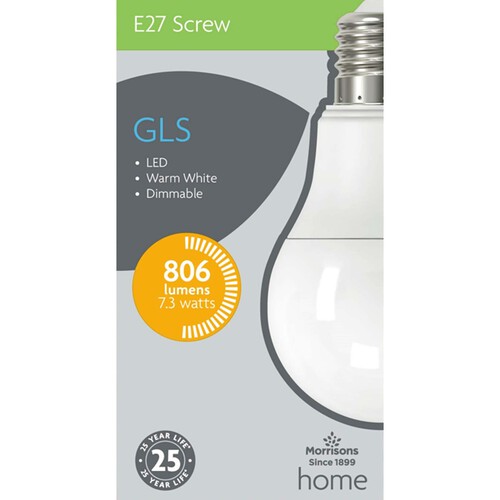 Morrisons LED Gls A60 806 Lumens 7.3W Es 2700K Dimmable Light Bulb