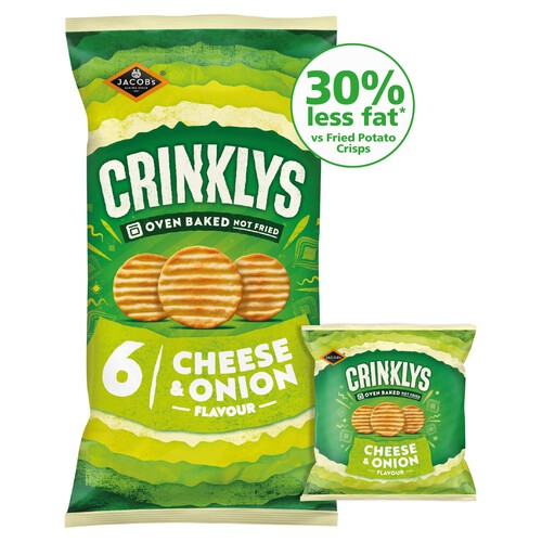 Jacob's Crinklys Cheese & Onion 30% Less Fat 6 Pack Multipack Snacks