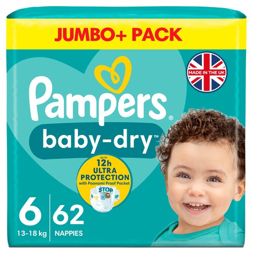 Pampers Baby-Dry Size 6, 62 Nappies, 13kg-18kg, Jumbo+ Pack