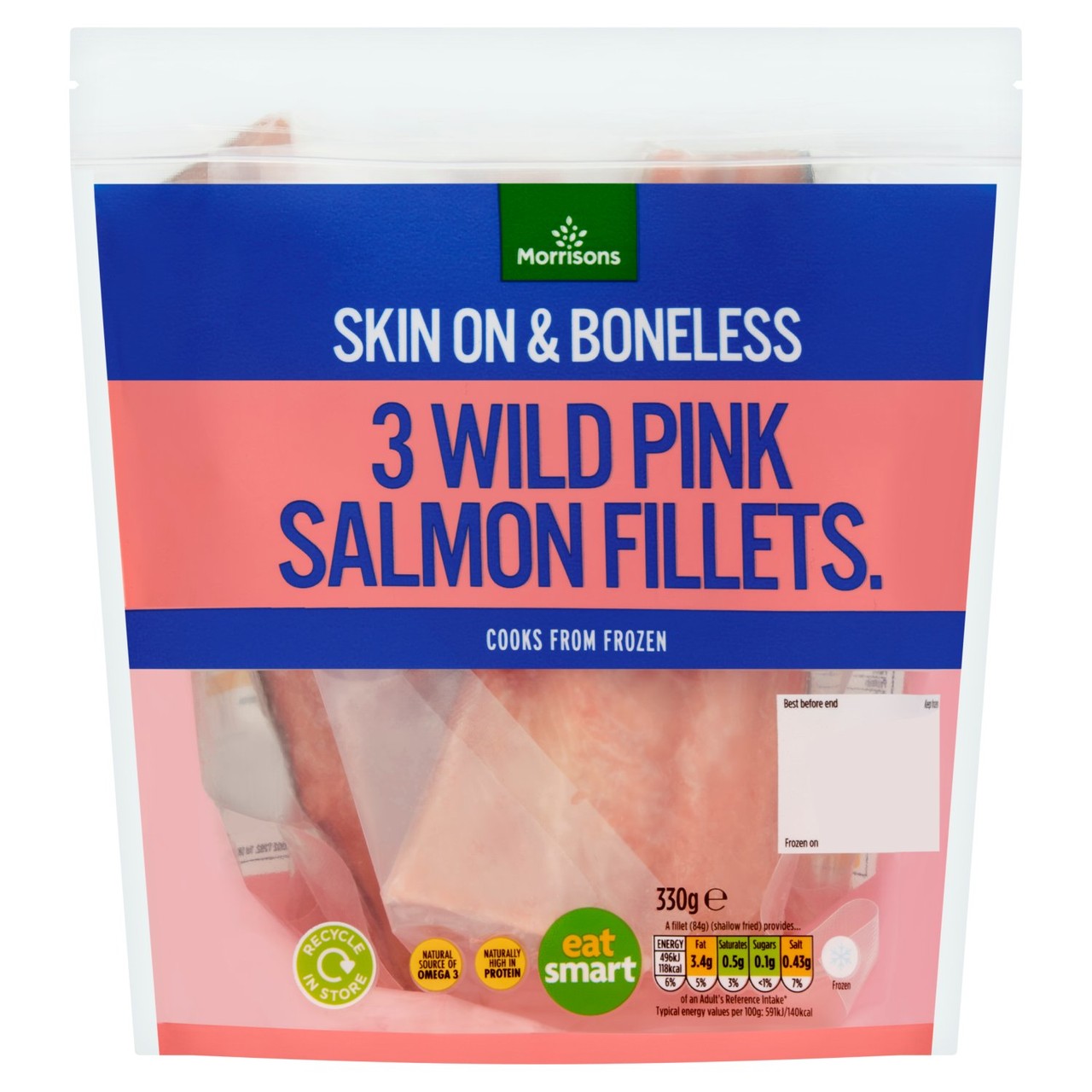 Morrisons 3 Skin on & Boneless Wild Pink Salmon Fillets 330g