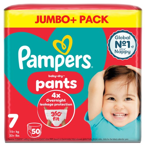 Pampers Baby-Dry Nappy Pants Size 7, 50 Nappies, 17kg+, Jumbo+ Pack