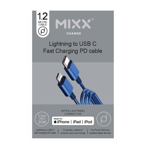 Mixx Lightning To USB C PD 30W 1.2M Cable Navy