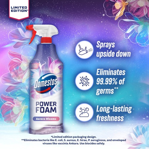 Domestos Power Foam Toilet & Bathroom Cleaner Aurora Blooms 650ml