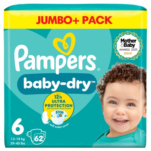 Pampers Baby-Dry Size 6, 62 Nappies, 13kg-18kg, Jumbo+ Pack