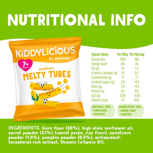 Kiddylicious Sweetcorn Melty Tubes 7m+ 4 x 10g