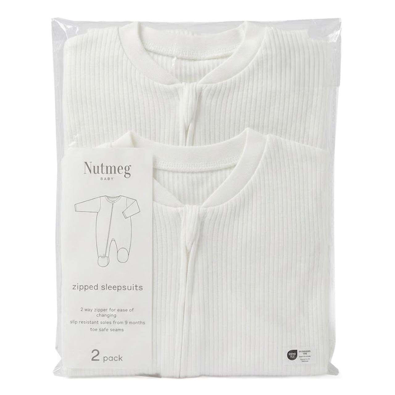 Nutmeg 3-6 Months White Zipped Sleepsuits 2 pack Long Sleeve
