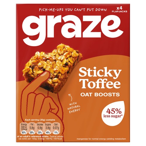 Graze Sticky Toffee Oat Boost Flapjack Snack Bars 4 x 30g