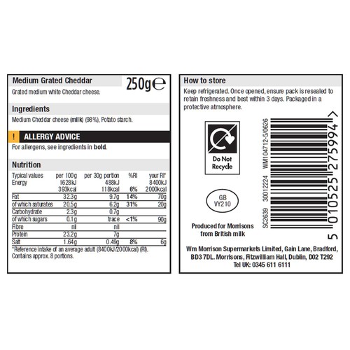 Morrisons Grated Medium White Cheddar 250g
