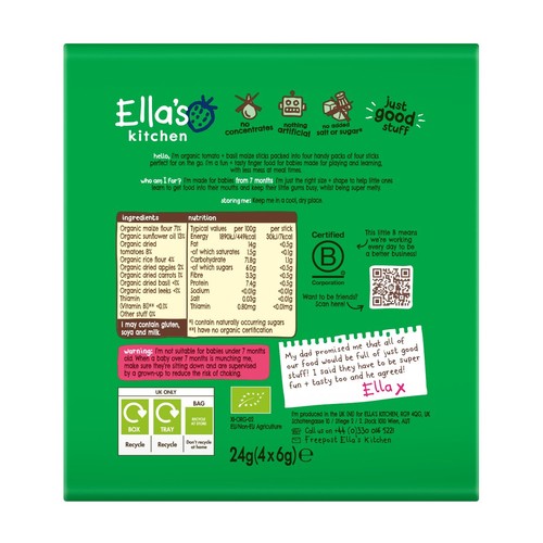 Ella's Kitchen Tomato and Basil Melty Sticks Multipack Baby Snack 7+ Months