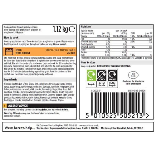 Morrisons Slow Cooked Hickory Smoked Beef Brisket with Maple Glaze 1.12kg