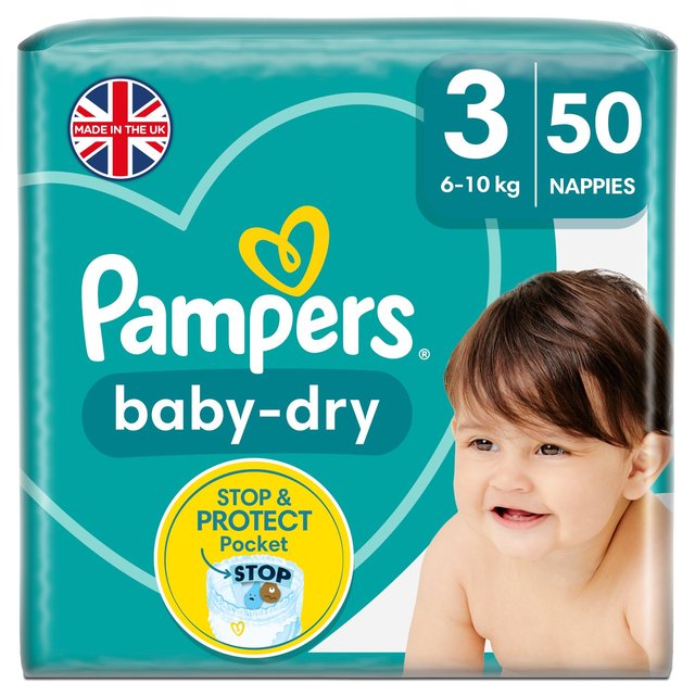 Pampers Baby-Dry Size 3, 50 Nappies, 6kg-10kg, Essential Pack